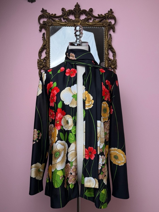 Vintage Sweaters - Vintage 70s Anne Fogarty Collectors Items Floral Open Long Sleeve Cardigan Scarf